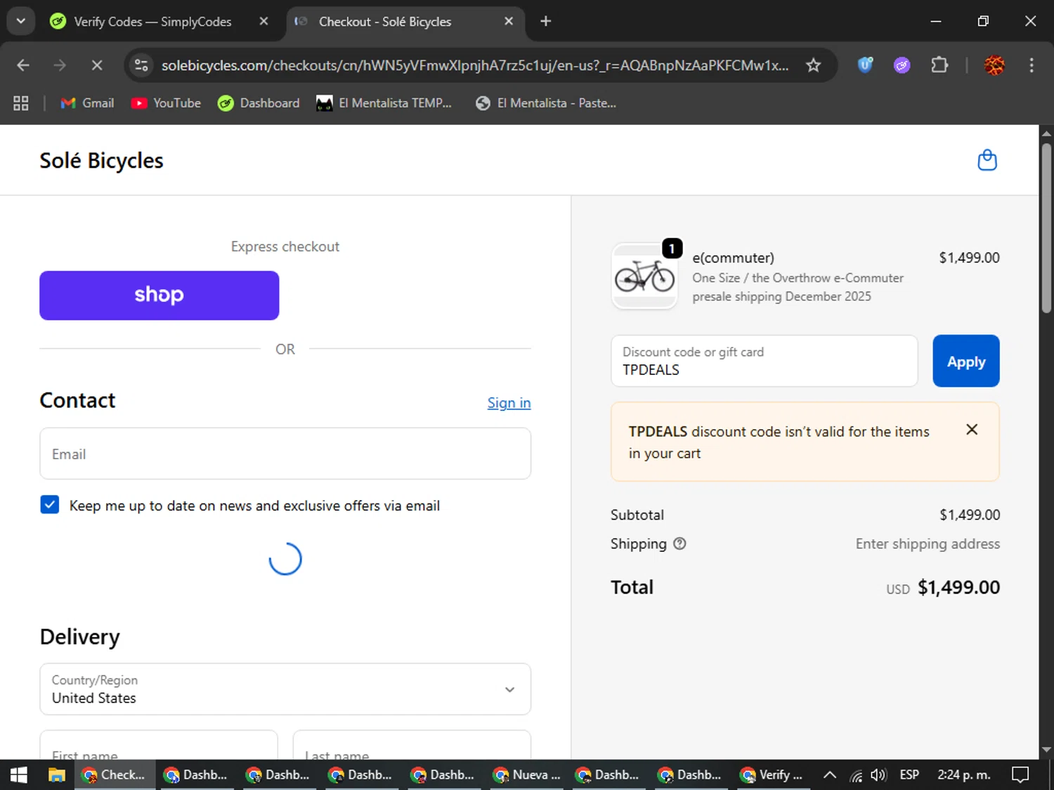 SOLE Bicycles discount code screenshot showing code TPDEALS applied at SOLE Bicycles checkout page. Uploaded by SimplyCodes community member Rodolfo on Dec 2, 2025