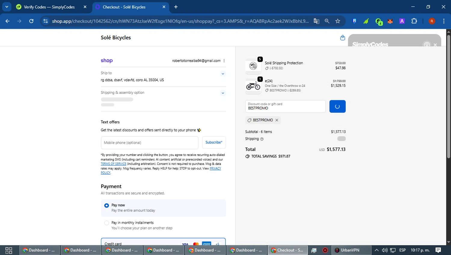 SOLE Bicycles discount code screenshot showing code BESTPROMO applied at SOLE Bicycles checkout page. Uploaded by SimplyCodes community member robertotorrealba on Dec 31, 2025