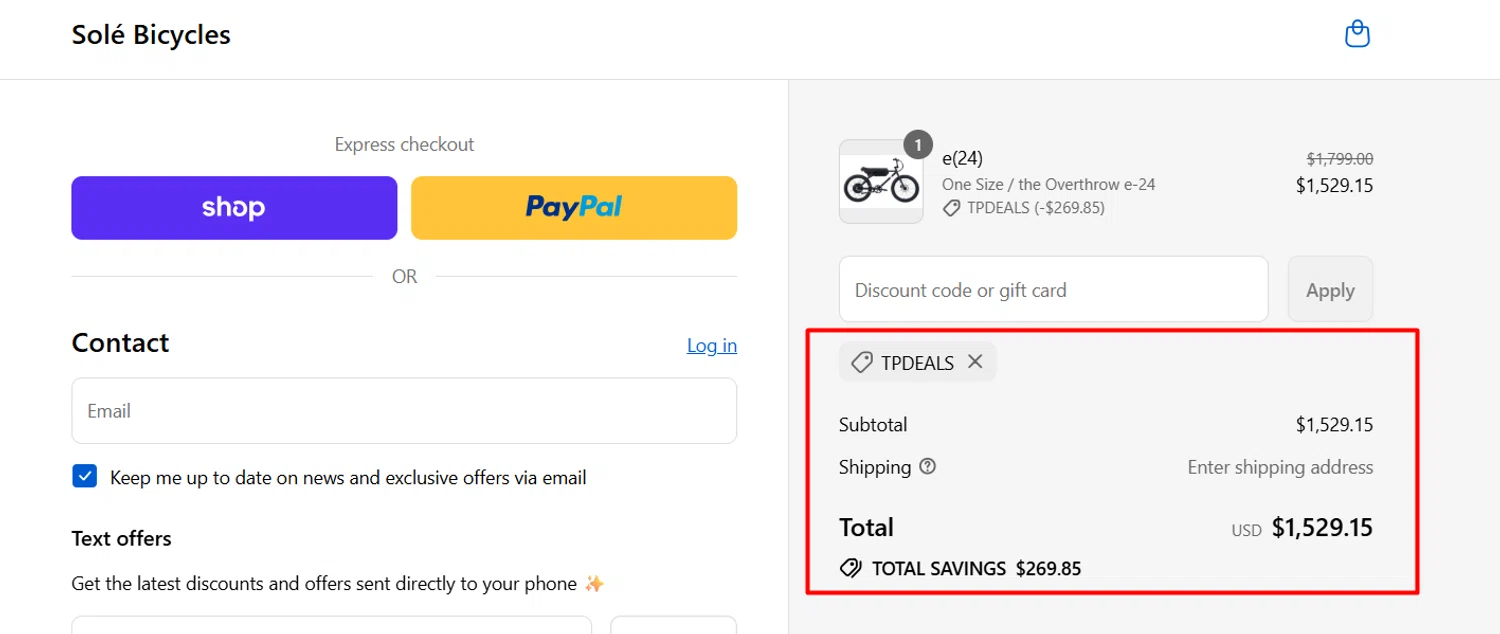 SOLE Bicycles discount code screenshot showing code TPDEALS applied at SOLE Bicycles checkout page. Uploaded by SimplyCodes community member Jameszy on Aug 29, 2025