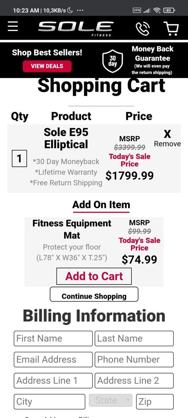 Sole Fitness checkout page showing Sole Fitness discount code box | Screenshot taken by SimplyCodes community member on Mar 7, 2021