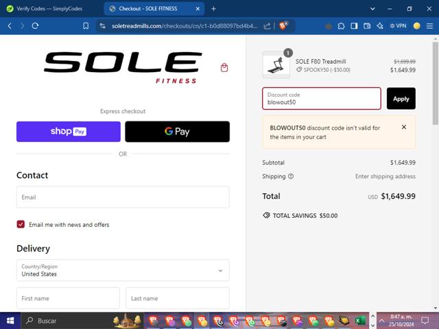 Sole Fitness checkout page showing Sole Fitness discount code box | Screenshot taken by SimplyCodes community member on Oct 25, 2024