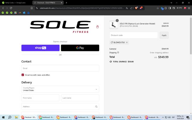 Sole Fitness checkout page showing Sole Fitness discount code box | Screenshot taken by SimplyCodes community member on Aug 19, 2024