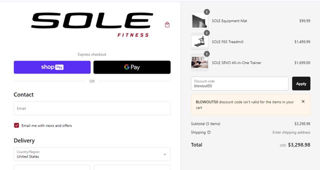 Sole Fitness checkout page showing Sole Fitness discount code box | Screenshot taken by SimplyCodes community member on Sep 18, 2024