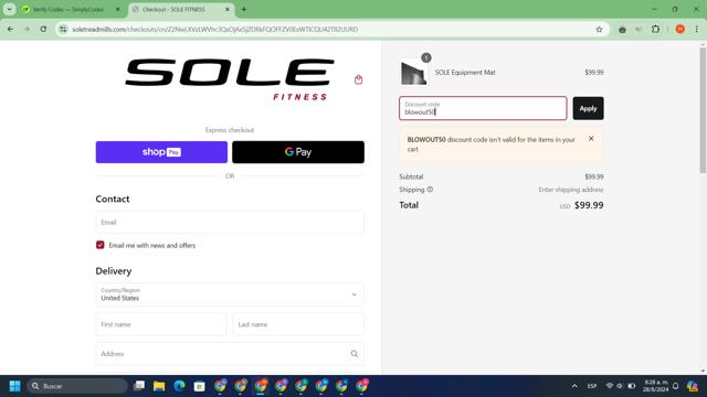 Sole Fitness checkout page showing Sole Fitness discount code box | Screenshot taken by SimplyCodes community member on Aug 28, 2024