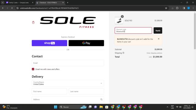 Sole Fitness checkout page showing Sole Fitness discount code box | Screenshot taken by SimplyCodes community member on Jan 23, 2024