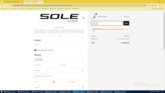 Sole Fitness checkout page showing Sole Fitness discount code box | Screenshot taken by SimplyCodes community member on Oct 17, 2024