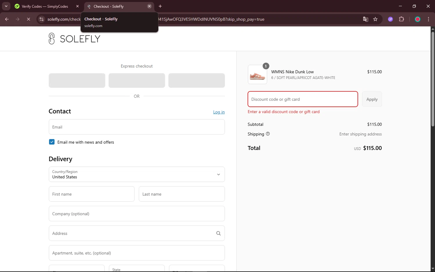 SoleFly discount code screenshot showing code MOBILE10 applied at SoleFly checkout page. Uploaded by SimplyCodes community member Matrixx on May 6, 2025