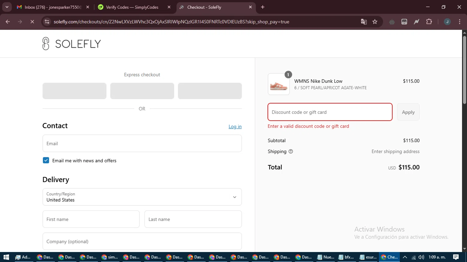 SoleFly discount code screenshot showing code MOBILE10 applied at SoleFly checkout page. Uploaded by SimplyCodes community member ScanLynx8928 on May 6, 2025