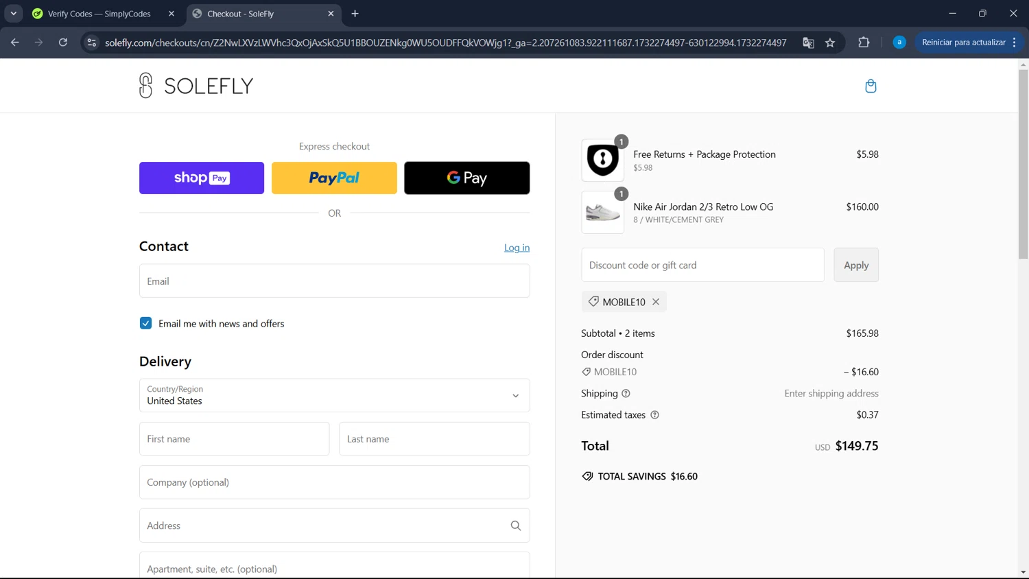 SoleFly checkout page showing SoleFly discount code box | Screenshot taken by SimplyCodes community member on Nov 22, 2024