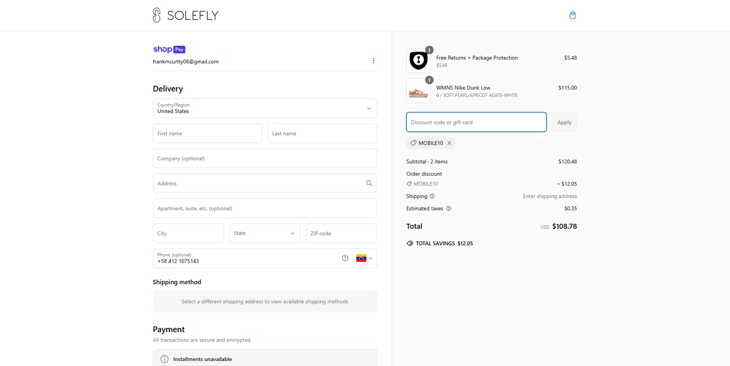 SoleFly checkout page showing SoleFly discount code box | Screenshot taken by SimplyCodes community member on Mar 13, 2025