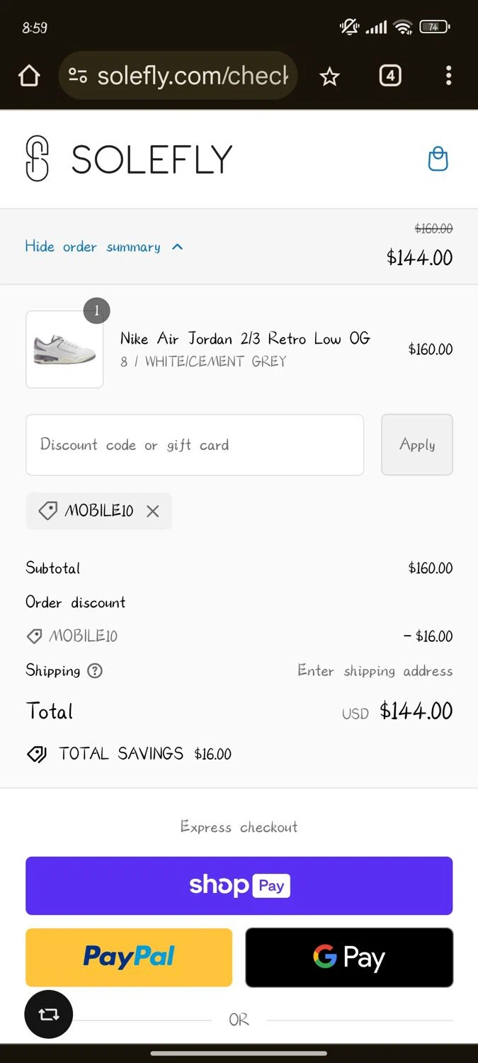 SoleFly checkout page showing SoleFly discount code box | Screenshot taken by SimplyCodes community member on Aug 27, 2024