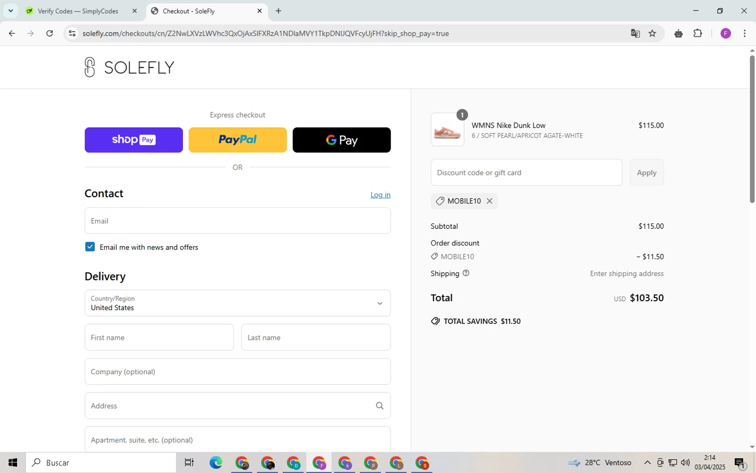 SoleFly checkout page showing SoleFly discount code box | Screenshot taken by SimplyCodes community member on Apr 3, 2025
