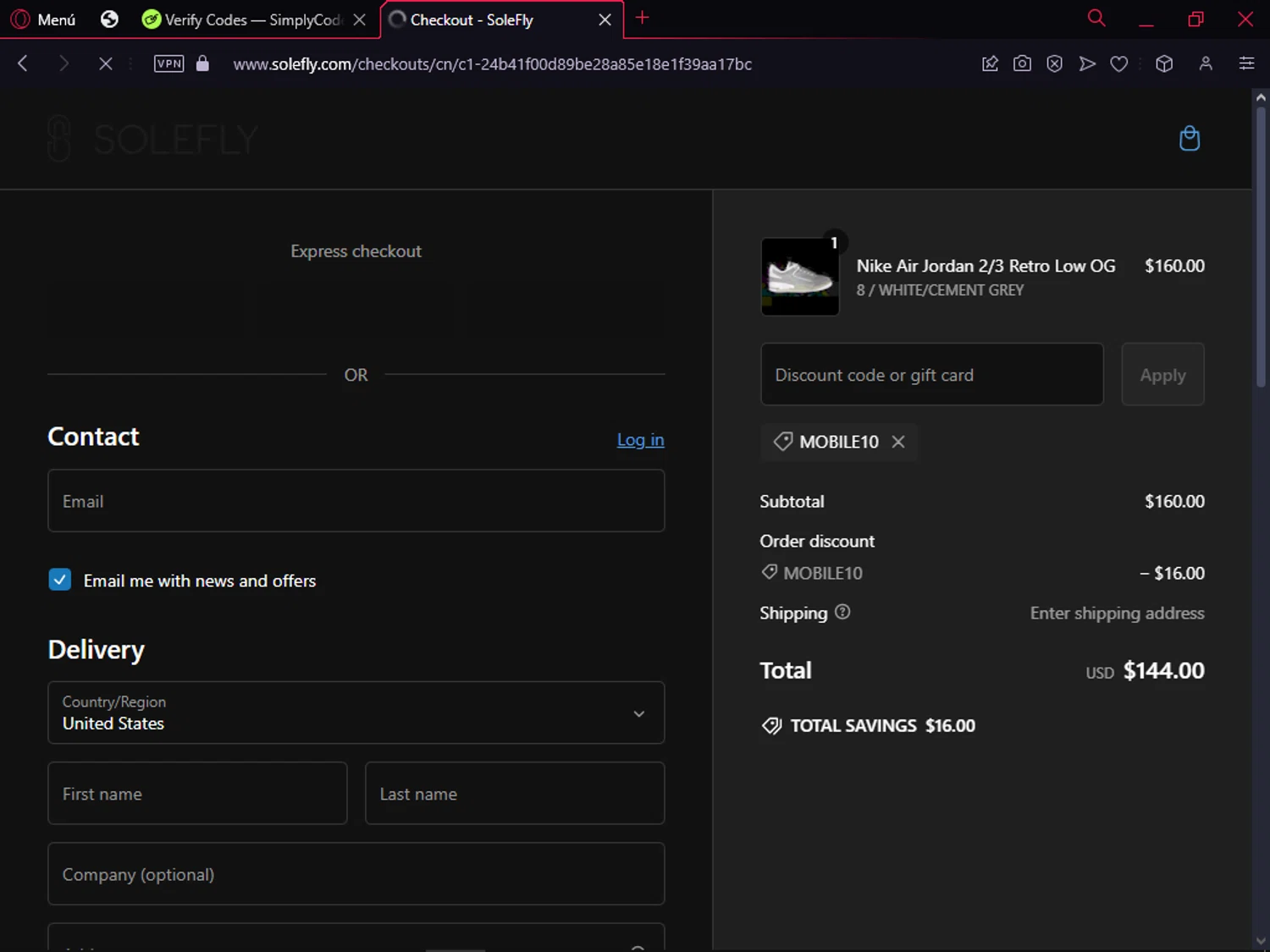 SoleFly checkout page showing SoleFly discount code box | Screenshot taken by SimplyCodes community member on Oct 24, 2024