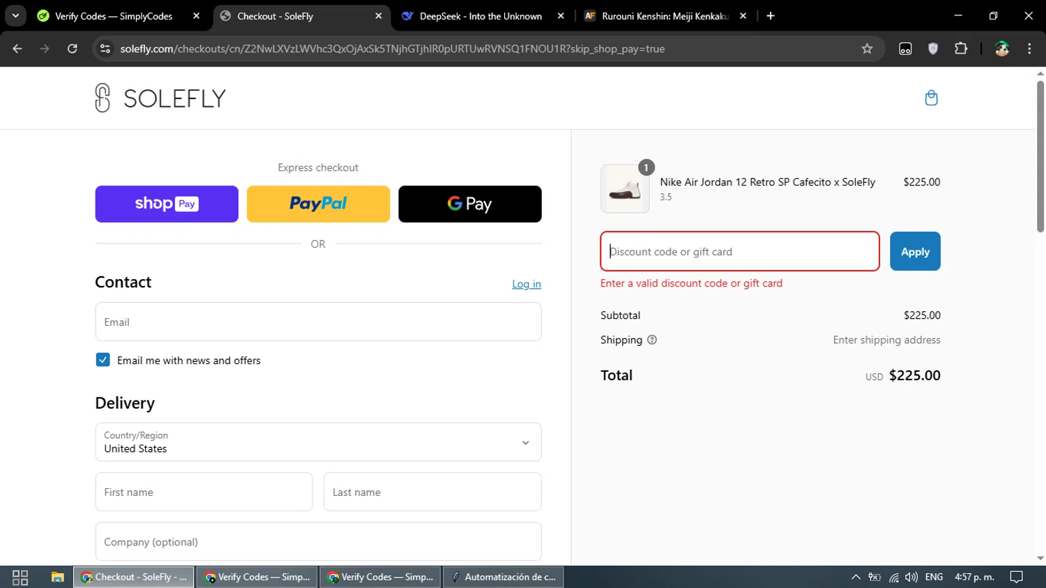 SoleFly discount code screenshot showing code PRESIDENT23 applied at SoleFly checkout page. Uploaded by SimplyCodes community member franalepe on Mar 7, 2025