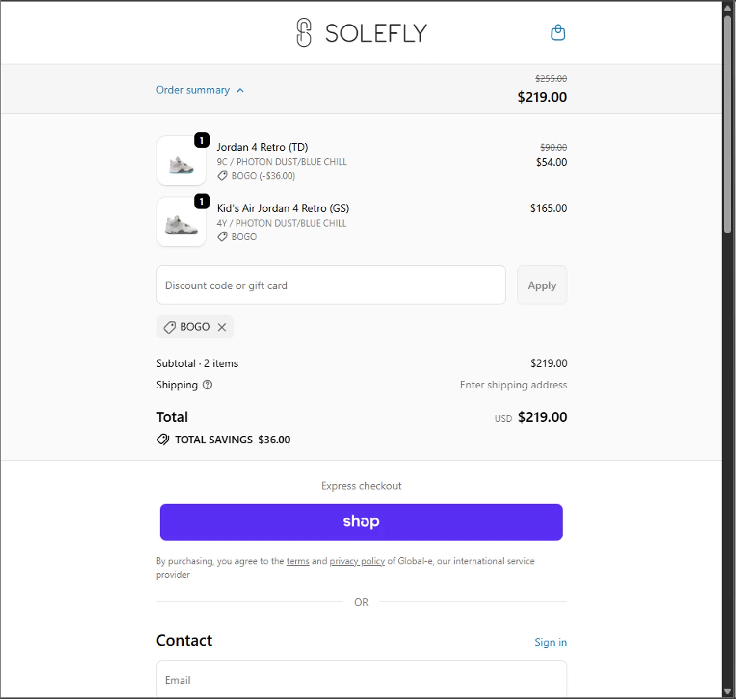 SoleFly discount code screenshot showing code BOGO applied at SoleFly checkout page. Uploaded by SimplyCodes community member PillarsofCreation on Oct 31, 2025