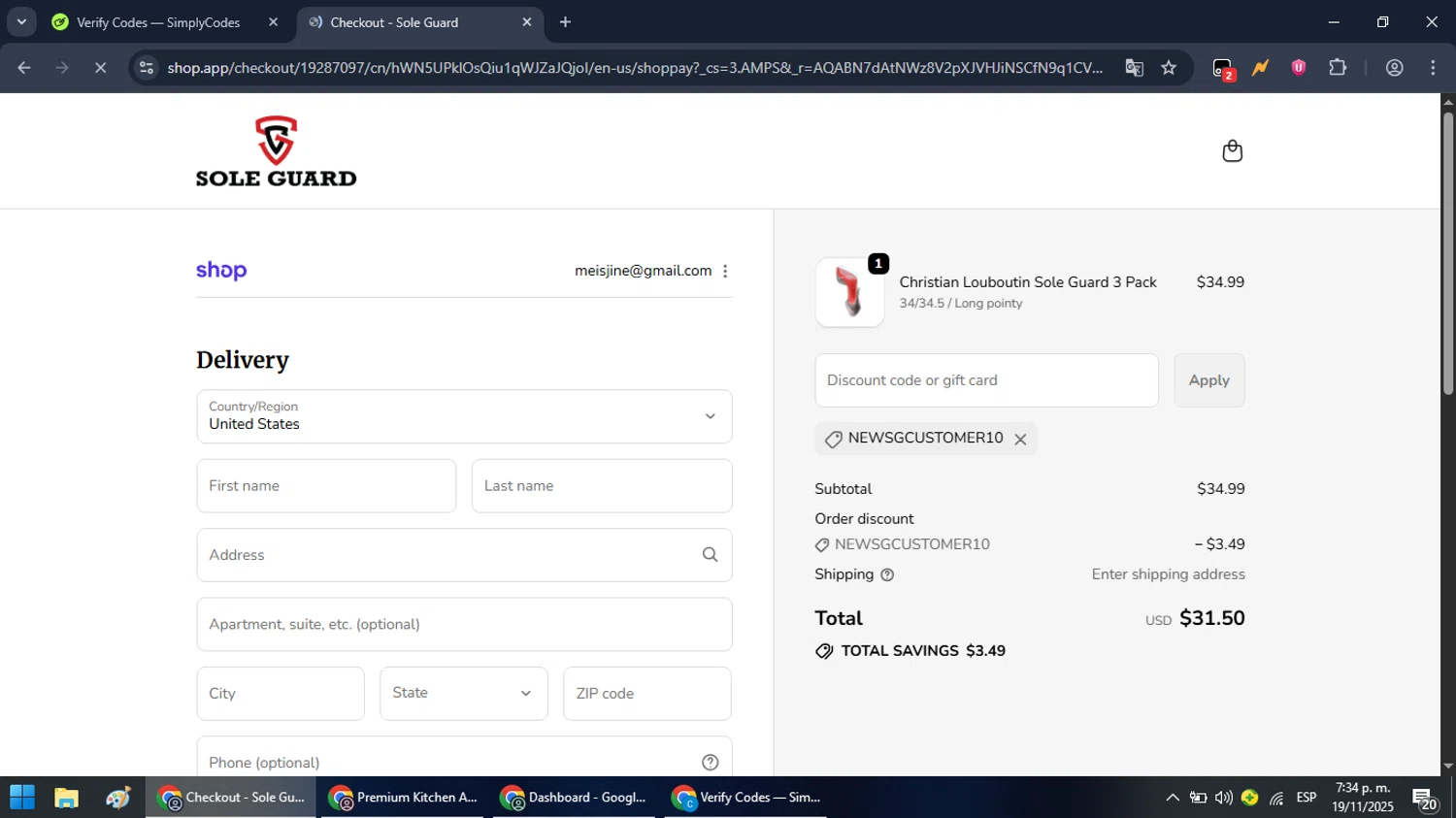 Sole Guard USA discount code screenshot showing code NewSGCustomer10 applied at Sole Guard USA checkout page. Uploaded by SimplyCodes community member RebateRanger5627 on Nov 19, 2025