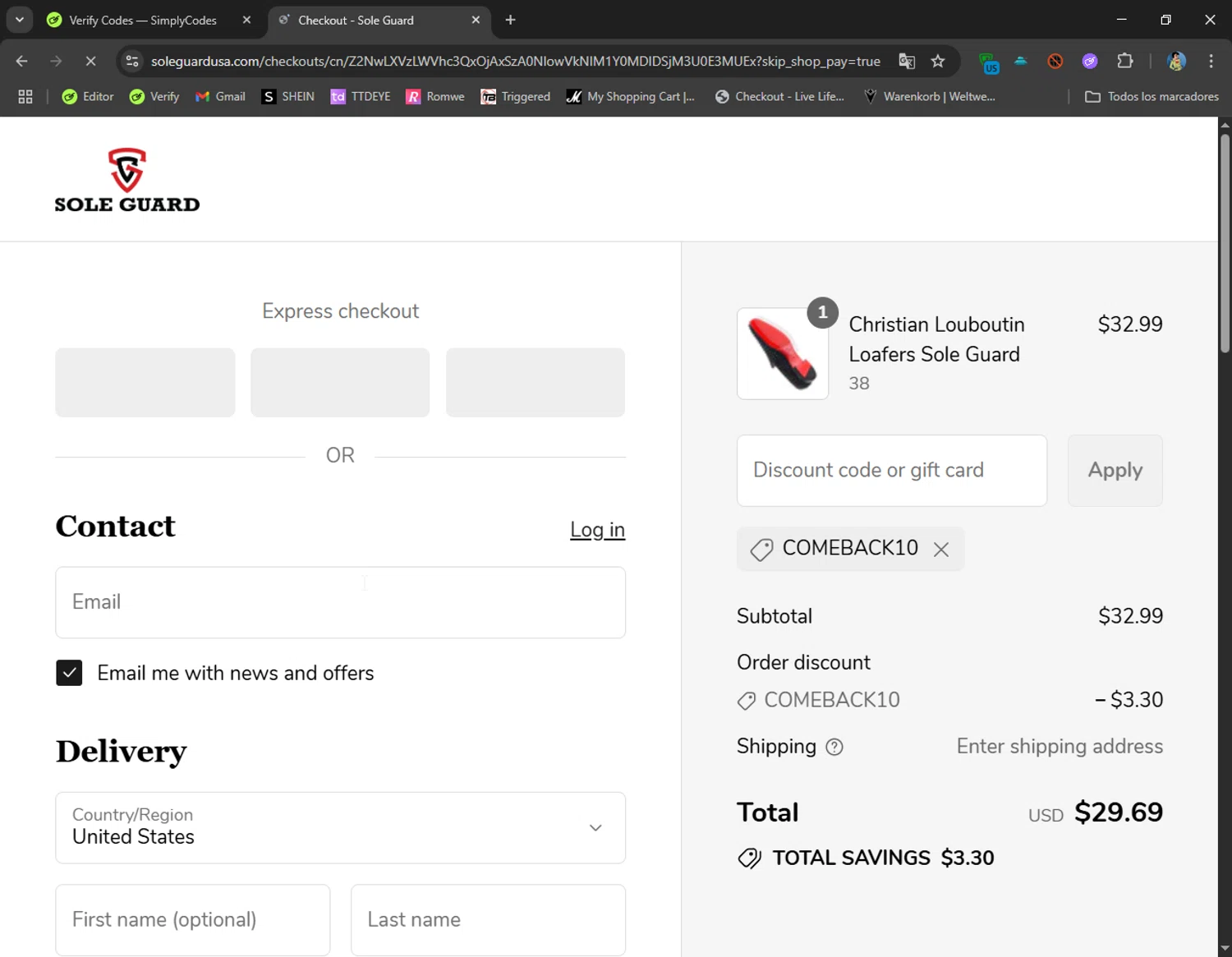 Sole Guard USA discount code screenshot showing code COMEBACK10 applied at Sole Guard USA checkout page. Uploaded by SimplyCodes community member CoolMcCool on Jul 14, 2025