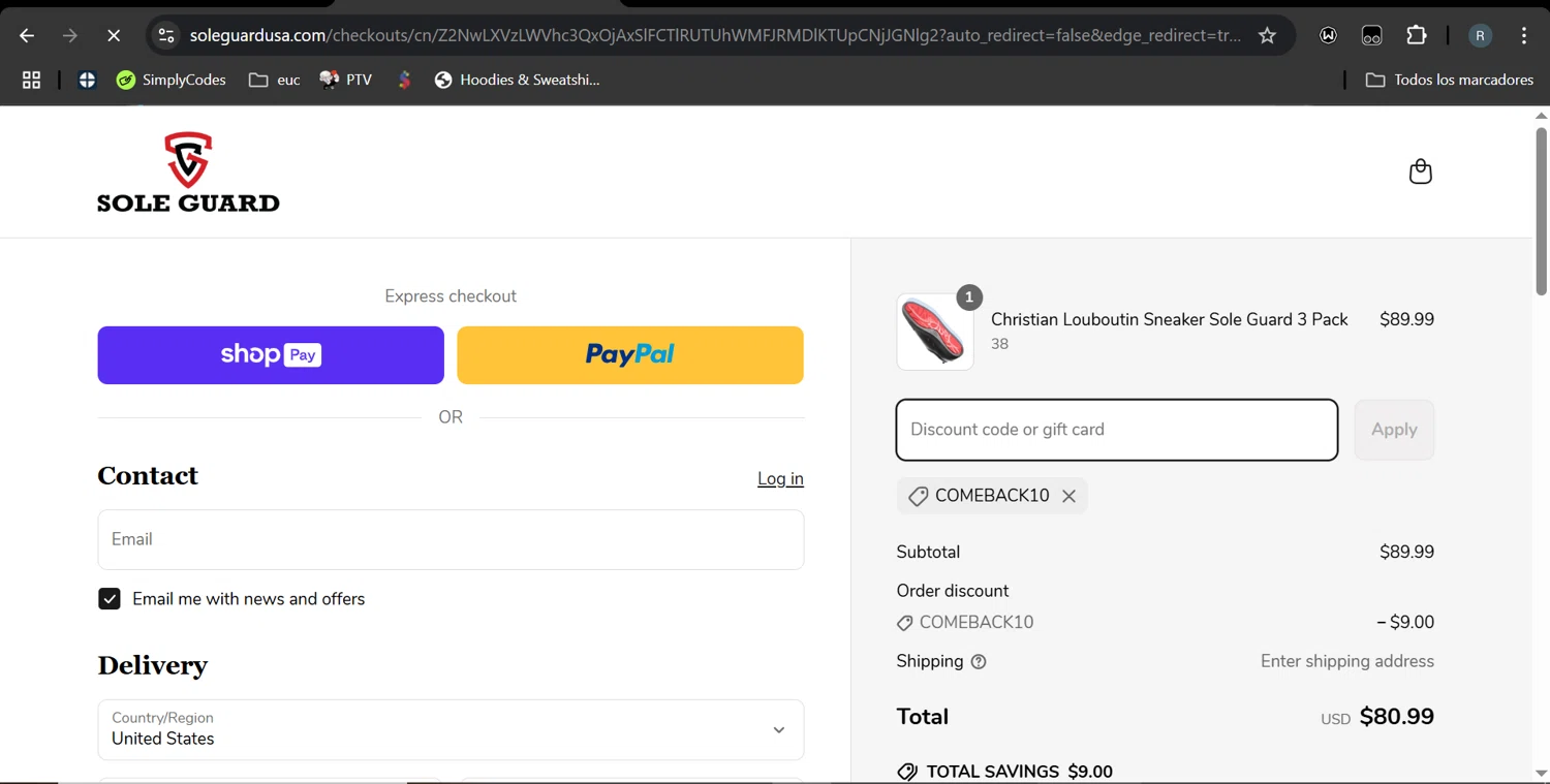 Sole Guard USA discount code screenshot showing code COMEBACK10 applied at Sole Guard USA checkout page. Uploaded by SimplyCodes community member MarcoReus on Mar 27, 2025