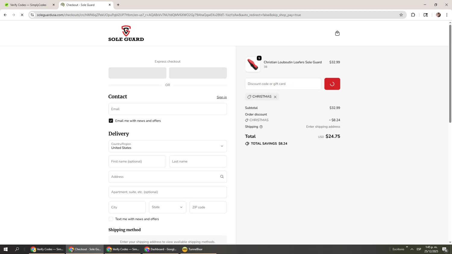Sole Guard USA checkout page showing Sole Guard USA discount code box | Screenshot taken by SimplyCodes community member on Dec 25, 2025