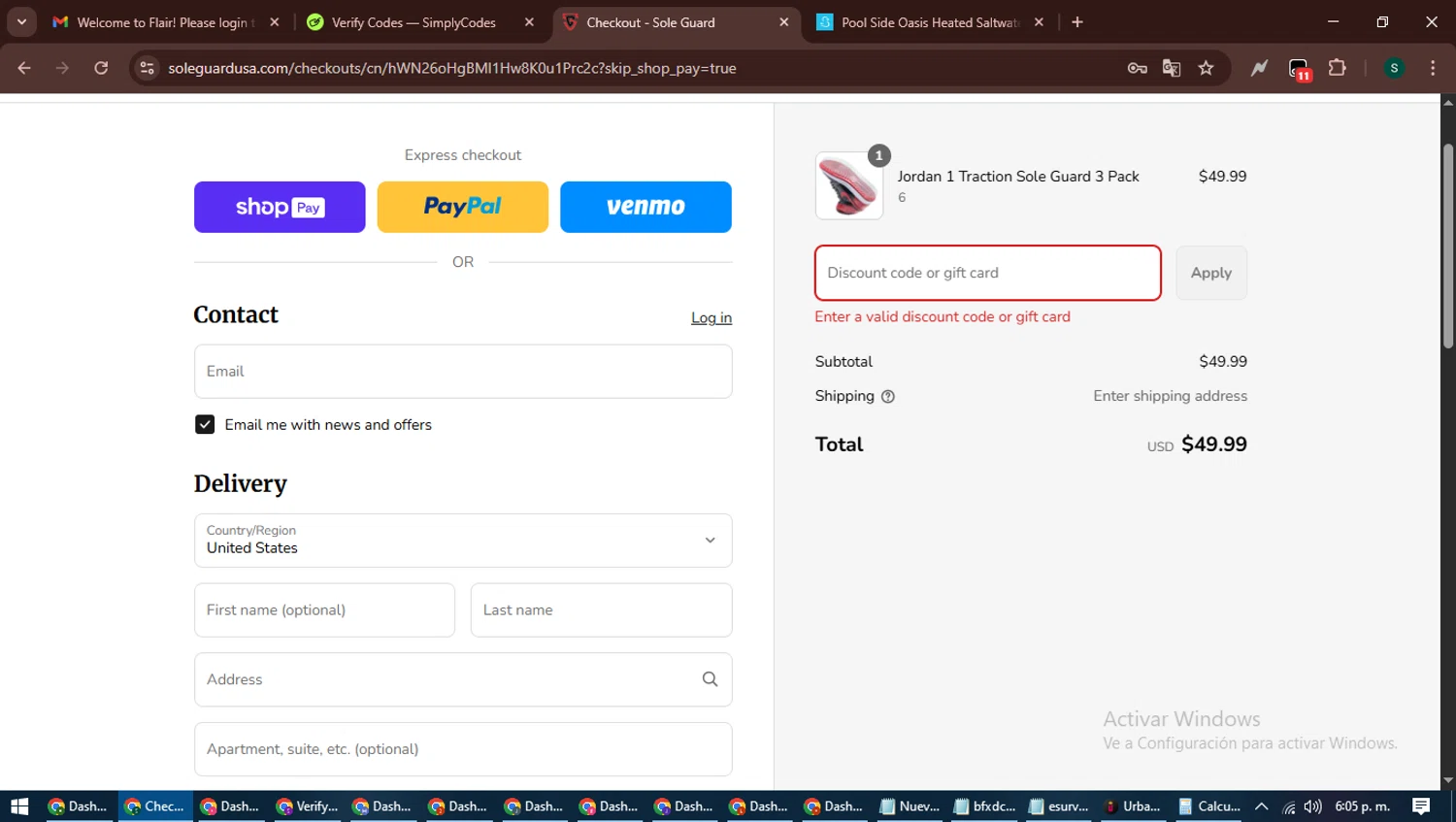 Sole Guard USA discount code screenshot showing code TRACTION applied at Sole Guard USA checkout page. Uploaded by SimplyCodes community member ShrewdAce7935 on Aug 22, 2025