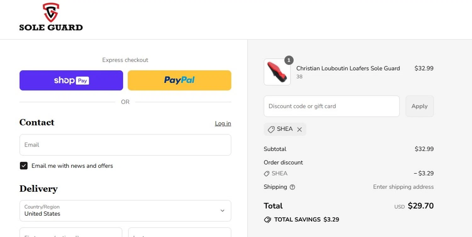 Sole Guard USA discount code screenshot showing code SHEA applied at Sole Guard USA checkout page. Uploaded by SimplyCodes community member Quemiras on Jul 30, 2025