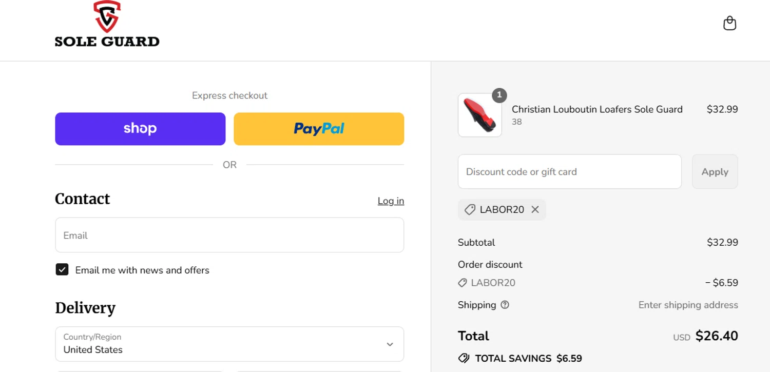 Sole Guard USA discount code screenshot showing code LABOR20 applied at Sole Guard USA checkout page. Uploaded by SimplyCodes community member jesspea on Sep 1, 2025