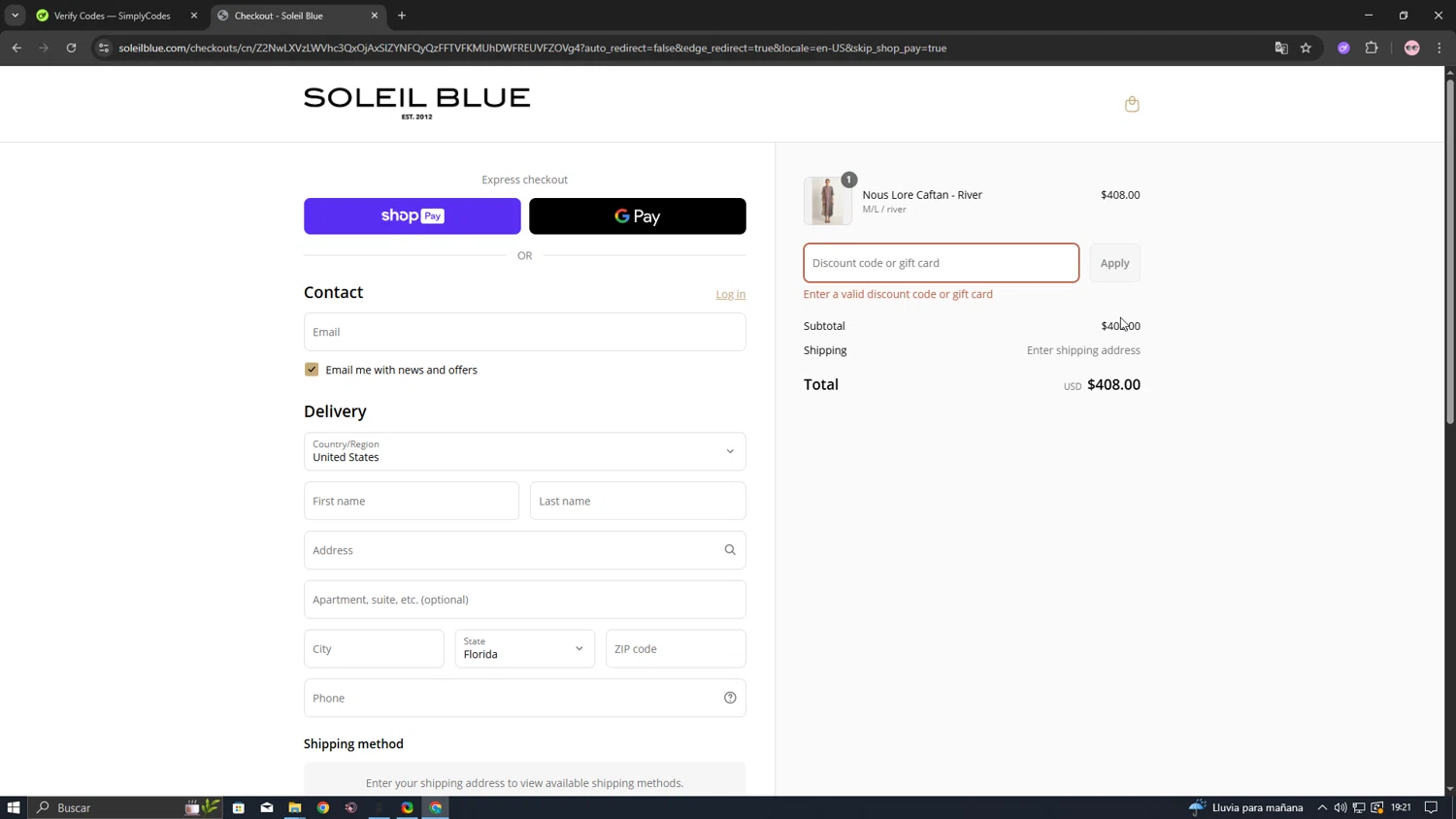 Soleil Blue promo code screenshot showing code EXTRA20 applied at Soleil Blue checkout page. Uploaded by SimplyCodes community member VictoriousSentinel2155 on May 22, 2025