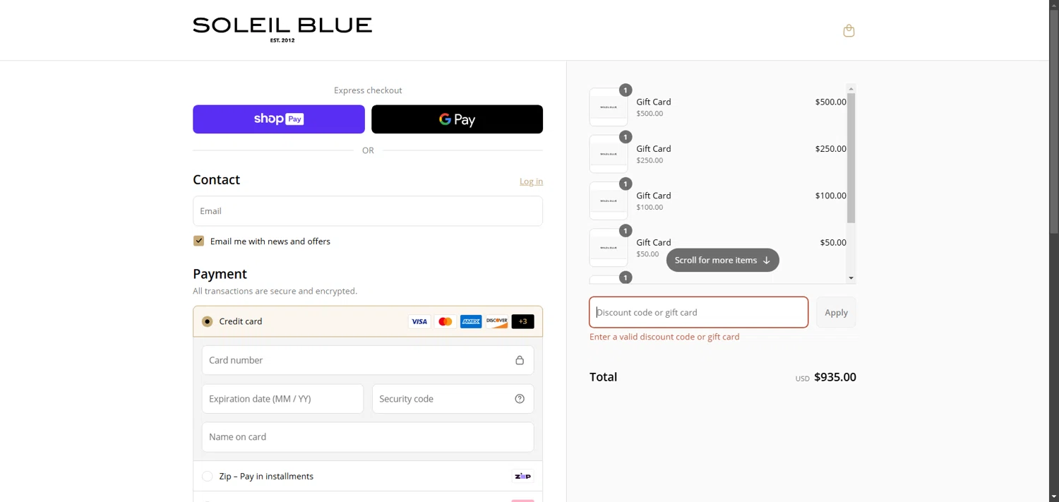 Soleil Blue promo code screenshot showing code EXTRA20 applied at Soleil Blue checkout page. Uploaded by SimplyCodes community member VoucherVirtuoso5207 on May 22, 2025