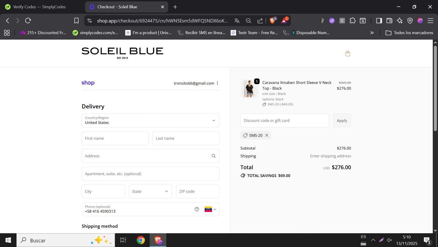 Soleil Blue promo code screenshot showing code SMS-20 applied at Soleil Blue checkout page. Uploaded by SimplyCodes community member DORIANGEL on Nov 13, 2025