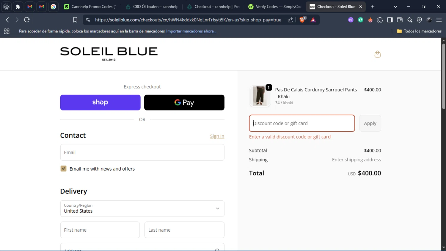 Soleil Blue promo code screenshot showing code FALL25 applied at Soleil Blue checkout page. Uploaded by SimplyCodes community member Charlote on Oct 31, 2025