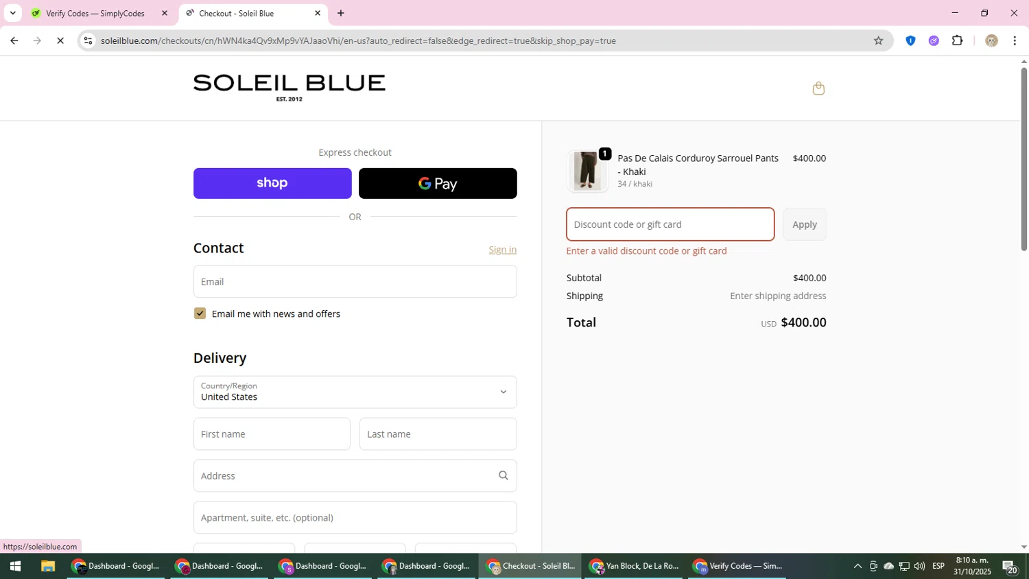 Soleil Blue promo code screenshot showing code FALL25 applied at Soleil Blue checkout page. Uploaded by SimplyCodes community member NobleScholar4826 on Oct 31, 2025