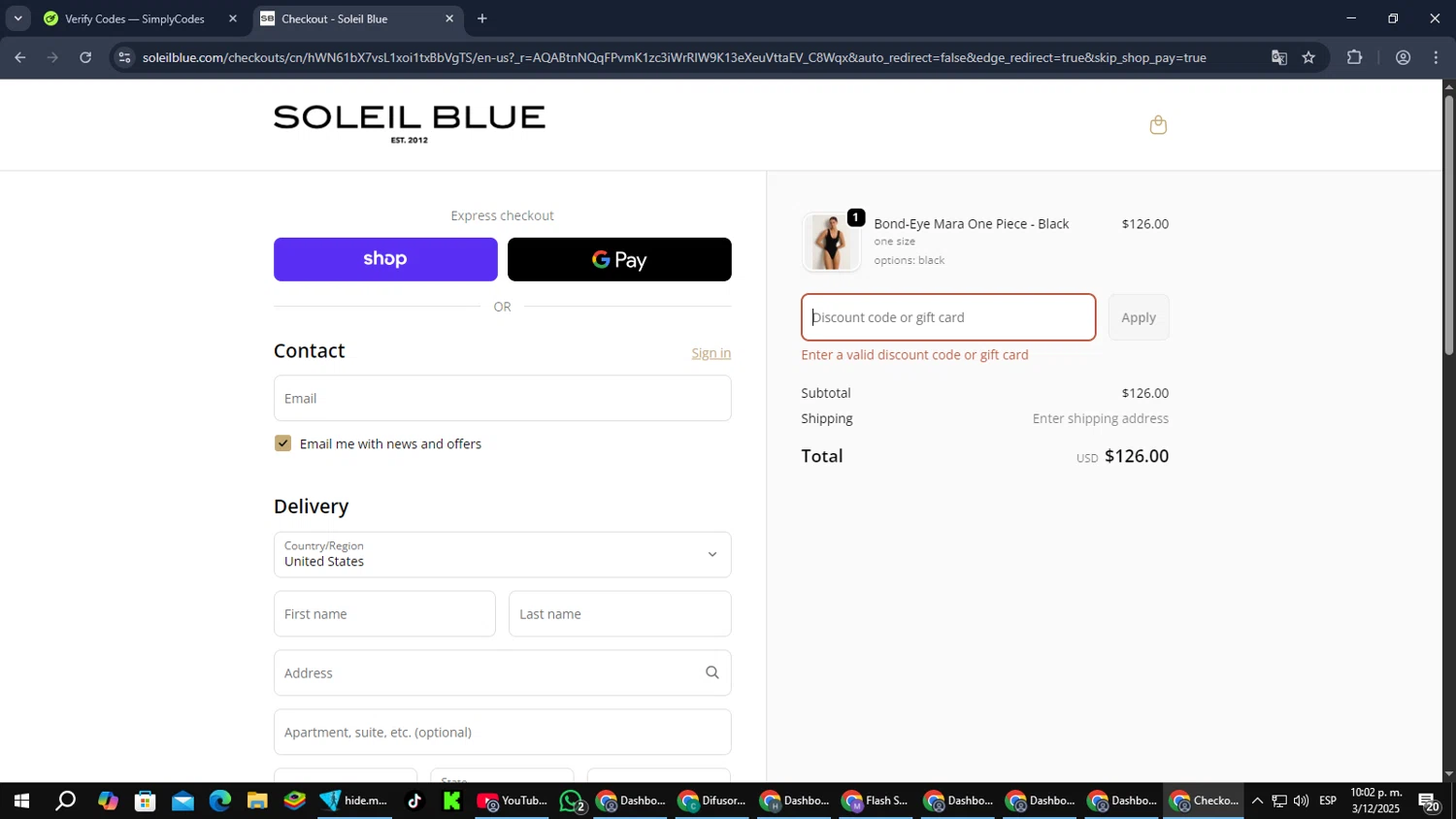 Soleil Blue promo code screenshot showing code BLACKCAT applied at Soleil Blue checkout page. Uploaded by SimplyCodes community member Cynoxx on Dec 4, 2025