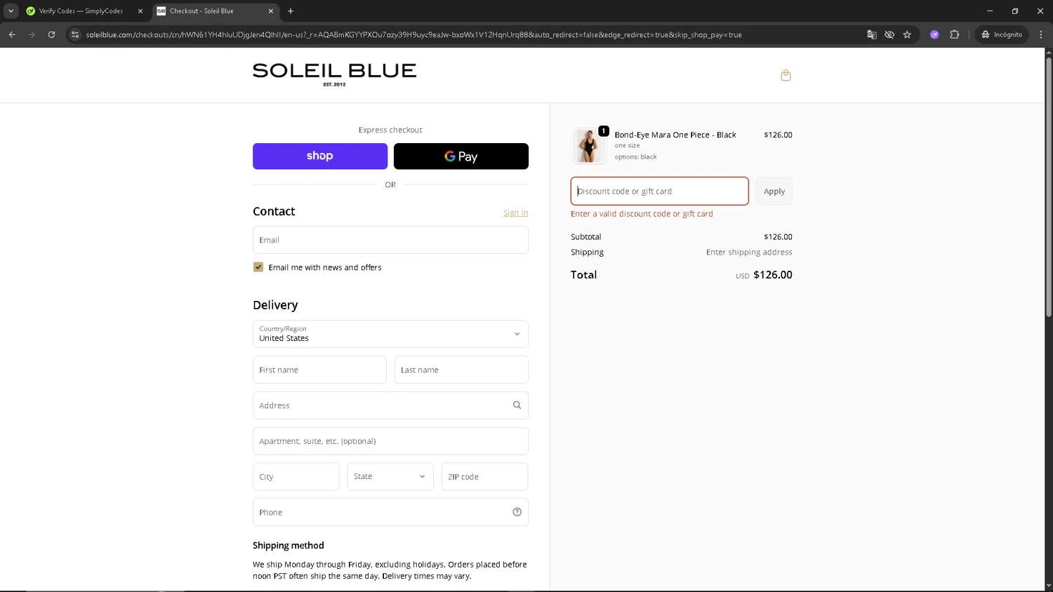 Soleil Blue promo code screenshot showing code BLACKCAT applied at Soleil Blue checkout page. Uploaded by SimplyCodes community member ShrewdSleuth9497 on Dec 4, 2025