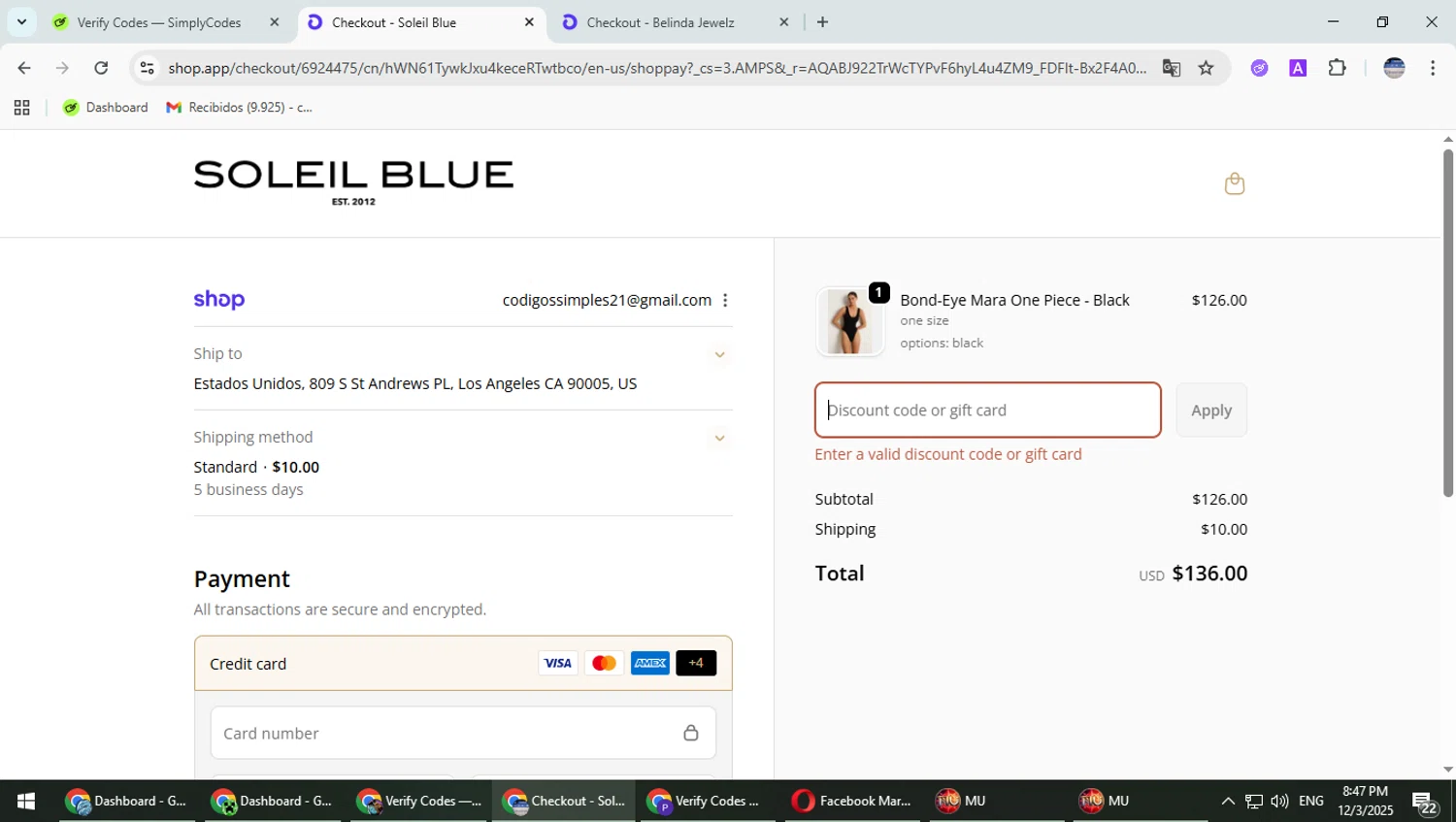 Soleil Blue promo code screenshot showing code BLACKCAT applied at Soleil Blue checkout page. Uploaded by SimplyCodes community member TrevorPhilips on Dec 4, 2025