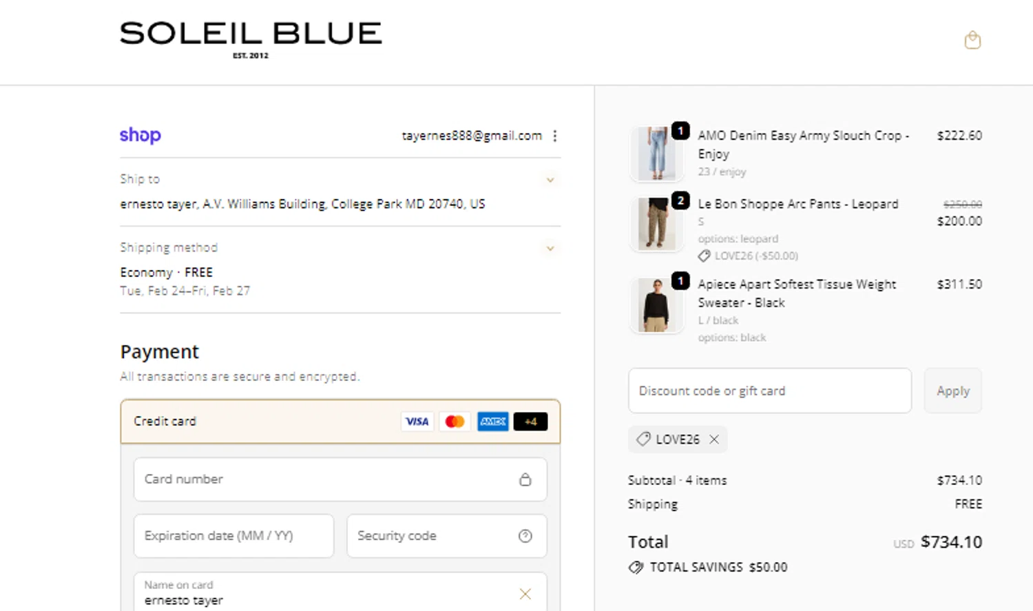 Soleil Blue promo code screenshot showing code LOVE26 applied at Soleil Blue checkout page. Uploaded by SimplyCodes community member CURTIS on Feb 13, 2026