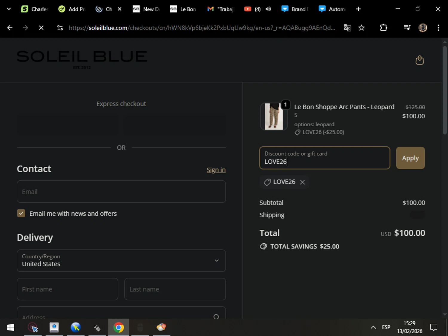 Soleil Blue promo code screenshot showing code LOVE26 applied at Soleil Blue checkout page. Uploaded by SimplyCodes community member MarcosAranguren on Feb 13, 2026