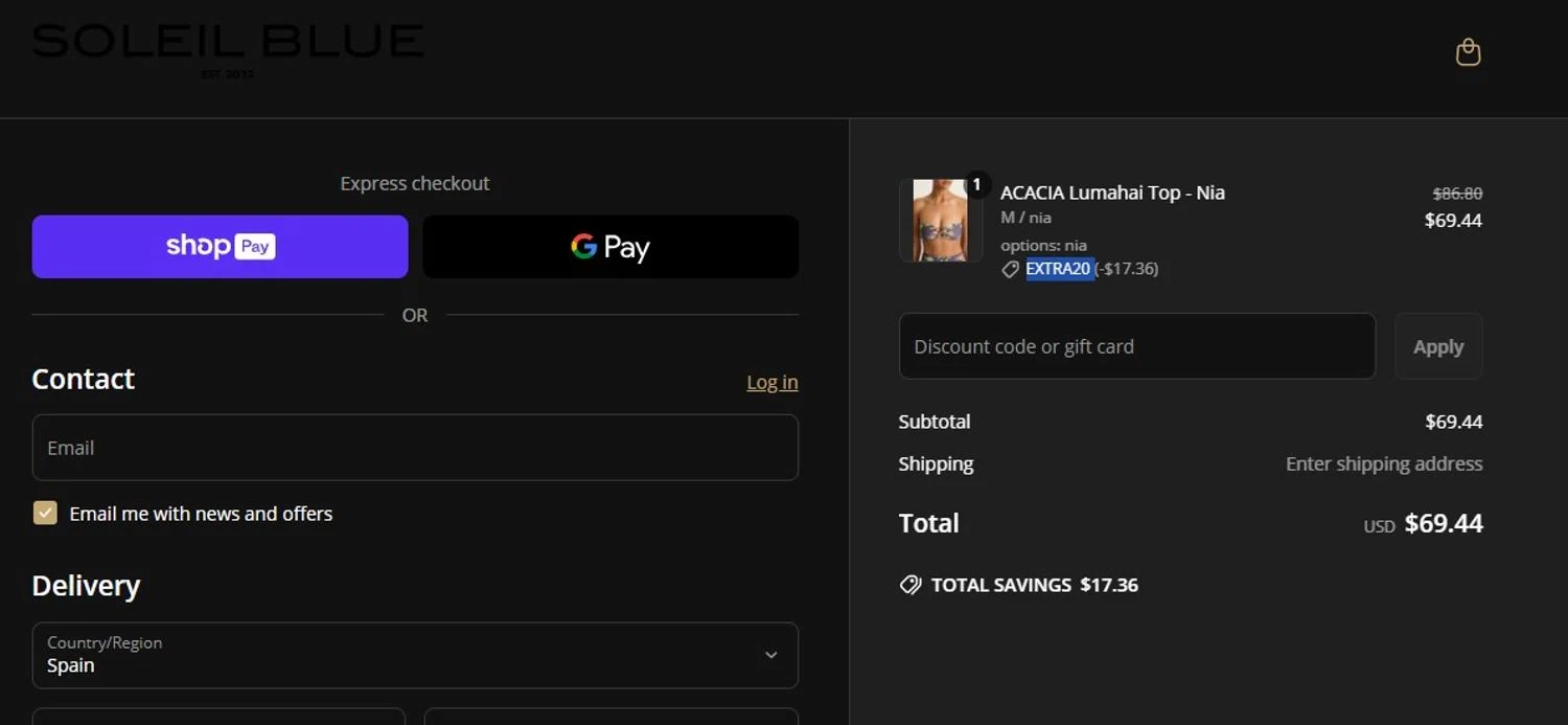 Soleil Blue promo code screenshot showing code EXTRA20 applied at Soleil Blue checkout page. Uploaded by SimplyCodes community member josemiguelaponte on May 5, 2025