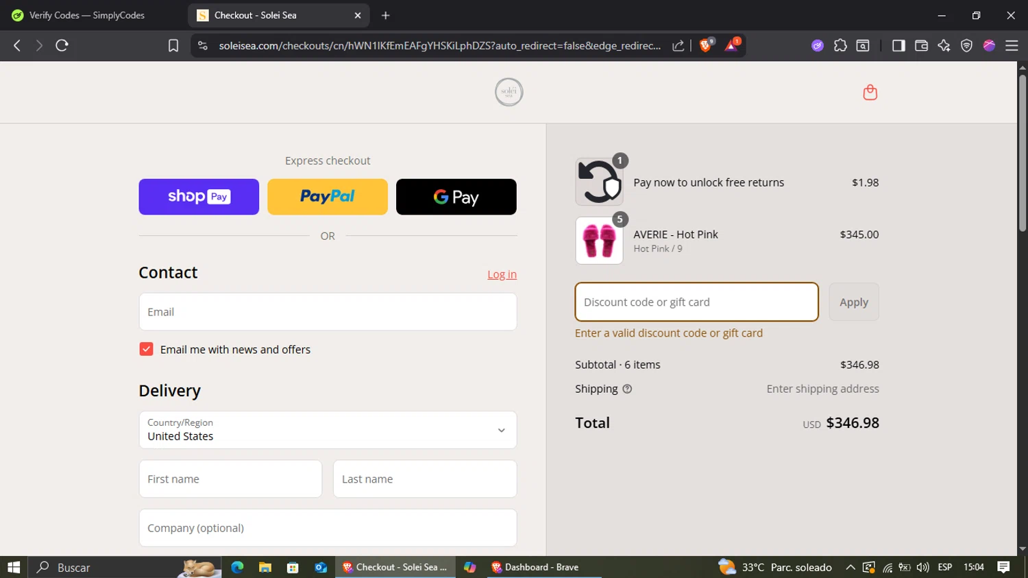 Solei Sea discount code screenshot showing code amanda15 applied at Solei Sea checkout page. Uploaded by SimplyCodes community member jairinho on Aug 13, 2025