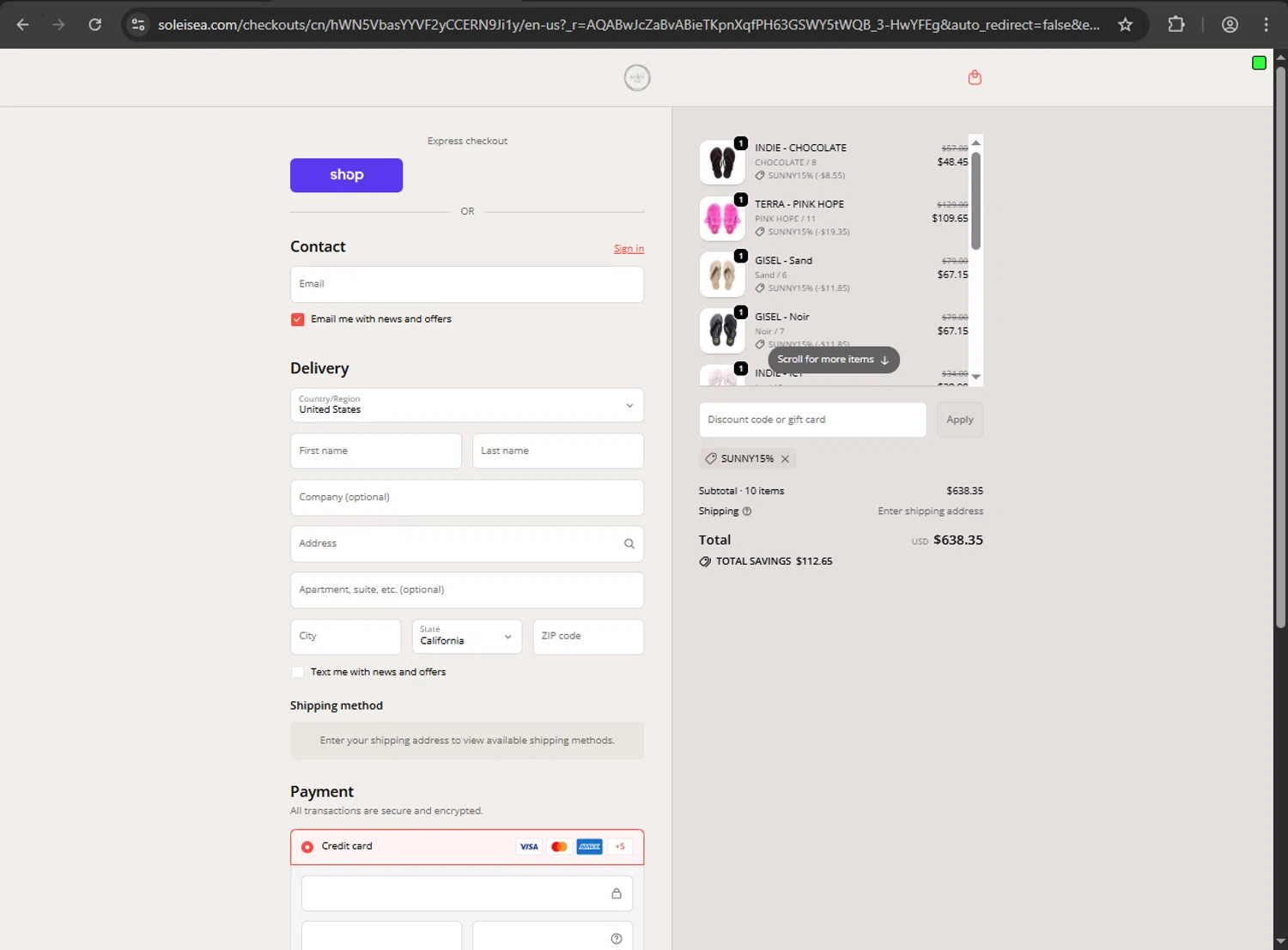 Solei Sea discount code screenshot showing code SUNNY15% applied at Solei Sea checkout page. Uploaded by SimplyCodes community member Niideamrk on Nov 20, 2025