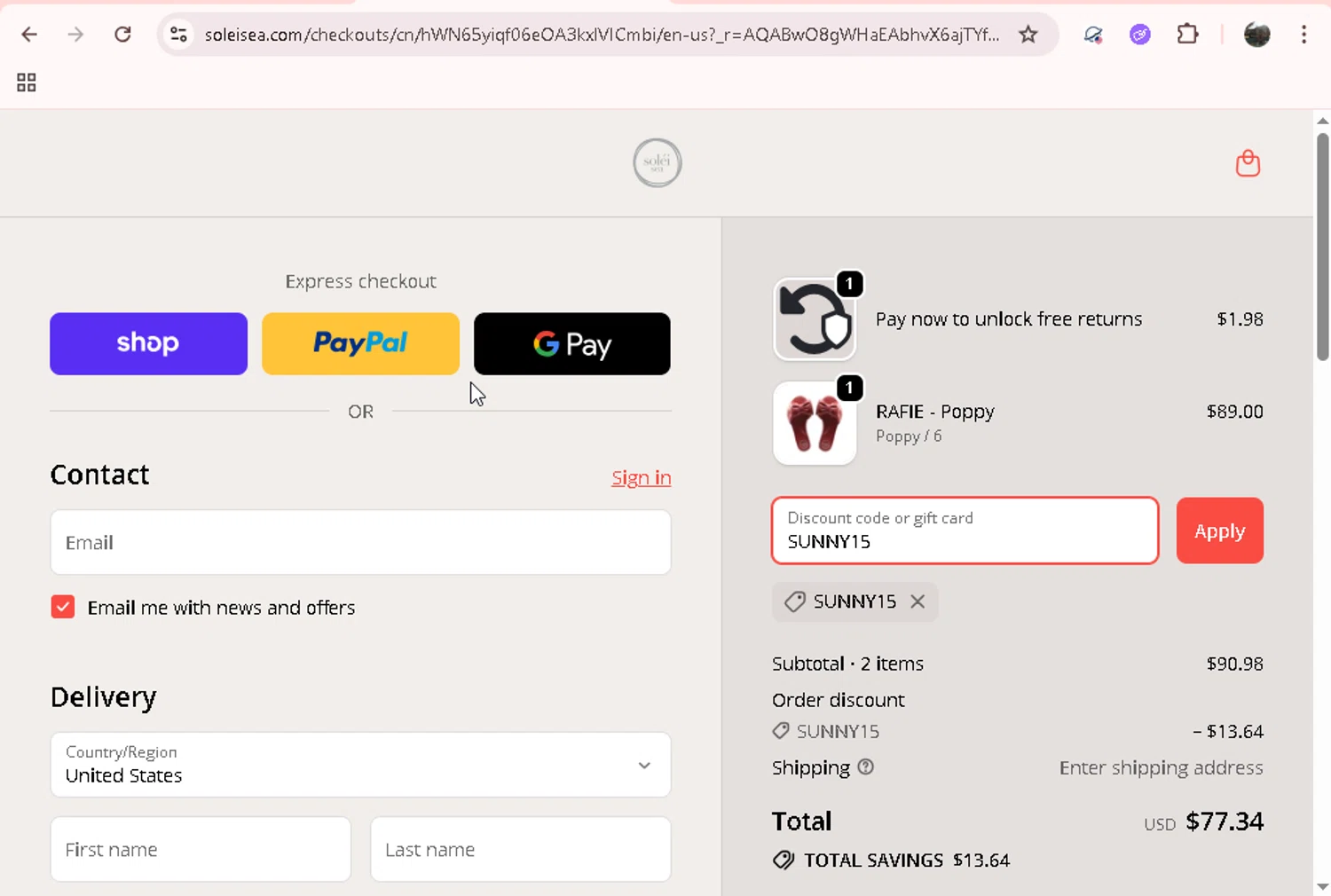 Solei Sea discount code screenshot showing code SUNNY15 applied at Solei Sea checkout page. Uploaded by SimplyCodes community member onebullet on Dec 5, 2025