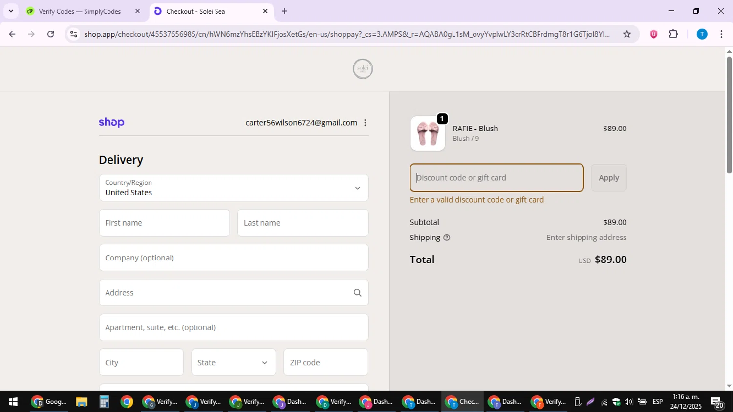 Solei Sea discount code screenshot showing code FLASH20 applied at Solei Sea checkout page. Uploaded by SimplyCodes community member LuckyPioneer4530 on Dec 24, 2025