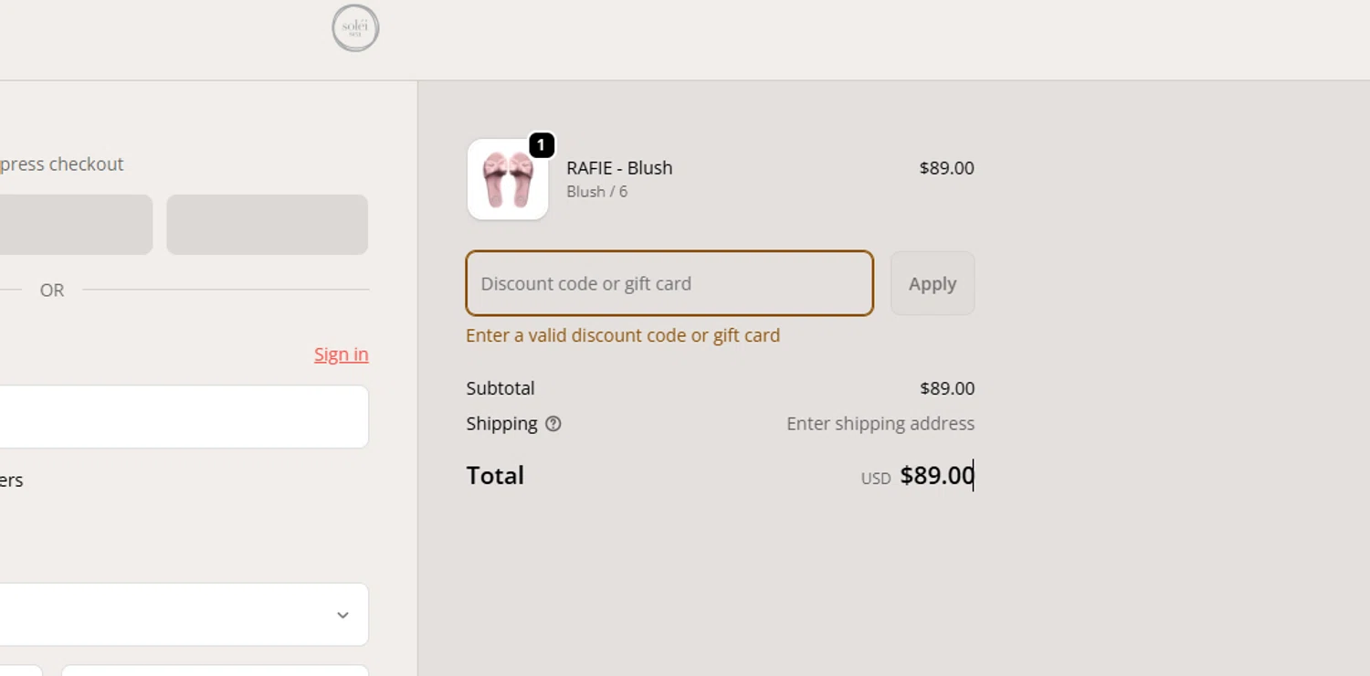 Solei Sea discount code screenshot showing code FLASH20 applied at Solei Sea checkout page. Uploaded by SimplyCodes community member Usermarielinda on Dec 24, 2025