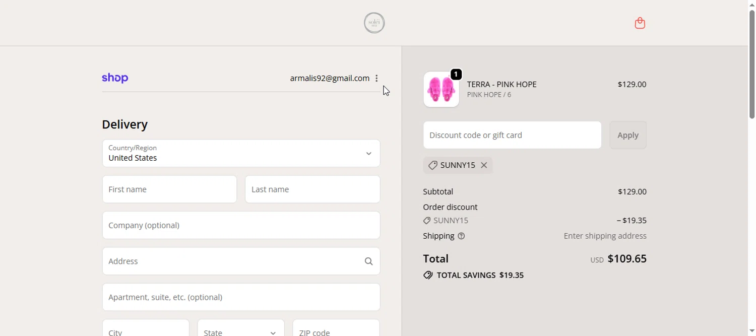 Solei Sea discount code screenshot showing code SUNNY15 applied at Solei Sea checkout page. Uploaded by SimplyCodes community member armalissolorzano1 on Nov 13, 2025