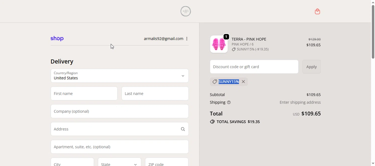 Solei Sea discount code screenshot showing code SUNNY15% applied at Solei Sea checkout page. Uploaded by SimplyCodes community member armalissolorzano1 on Nov 13, 2025