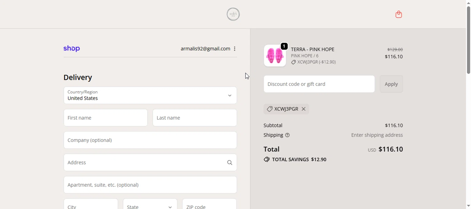 Solei Sea discount code screenshot showing code XCWJ3PGR applied at Solei Sea checkout page. Uploaded by SimplyCodes community member armalissolorzano1 on Nov 13, 2025