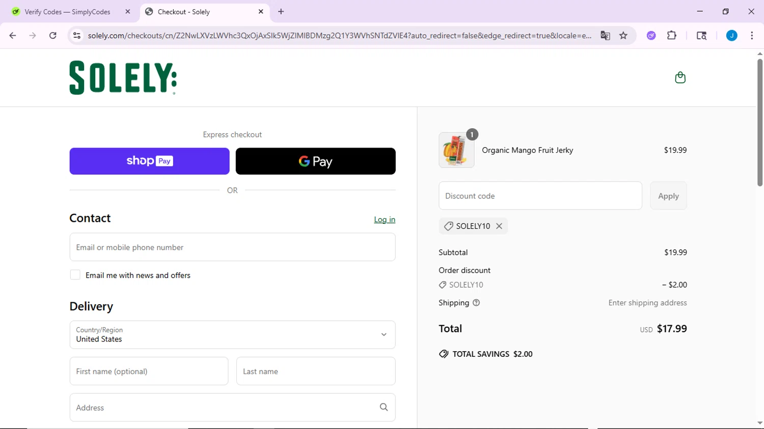 Solely discount code screenshot showing code SOLELY10 applied at Solely checkout page. Uploaded by SimplyCodes community member CodeLynx3161 on Jun 21, 2025