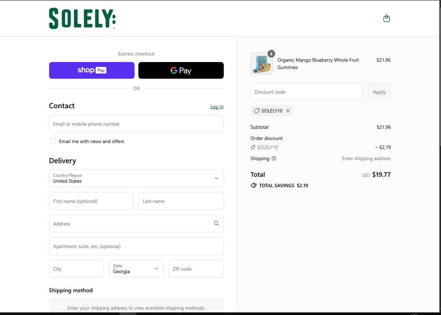Solely discount code screenshot showing code SOLELY10 applied at Solely checkout page. Uploaded by SimplyCodes community member MagnificentFalcon188 on Aug 26, 2025