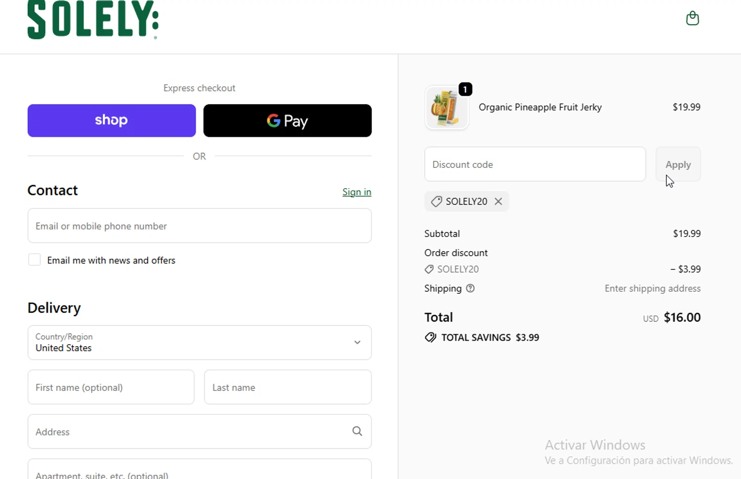 Solely discount code screenshot showing code SOLELY20 applied at Solely checkout page. Uploaded by SimplyCodes community member WonderW on Nov 19, 2025