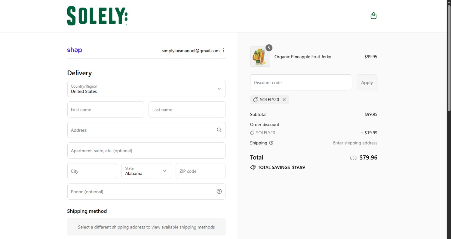 Solely discount code screenshot showing code SOLELY20 applied at Solely checkout page. Uploaded by SimplyCodes community member WoskalJR on Sep 11, 2025