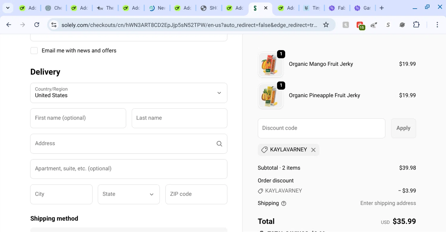 Solely discount code screenshot showing code kaylavarney applied at Solely checkout page. Uploaded by SimplyCodes community member KarinaHZ on Sep 19, 2025